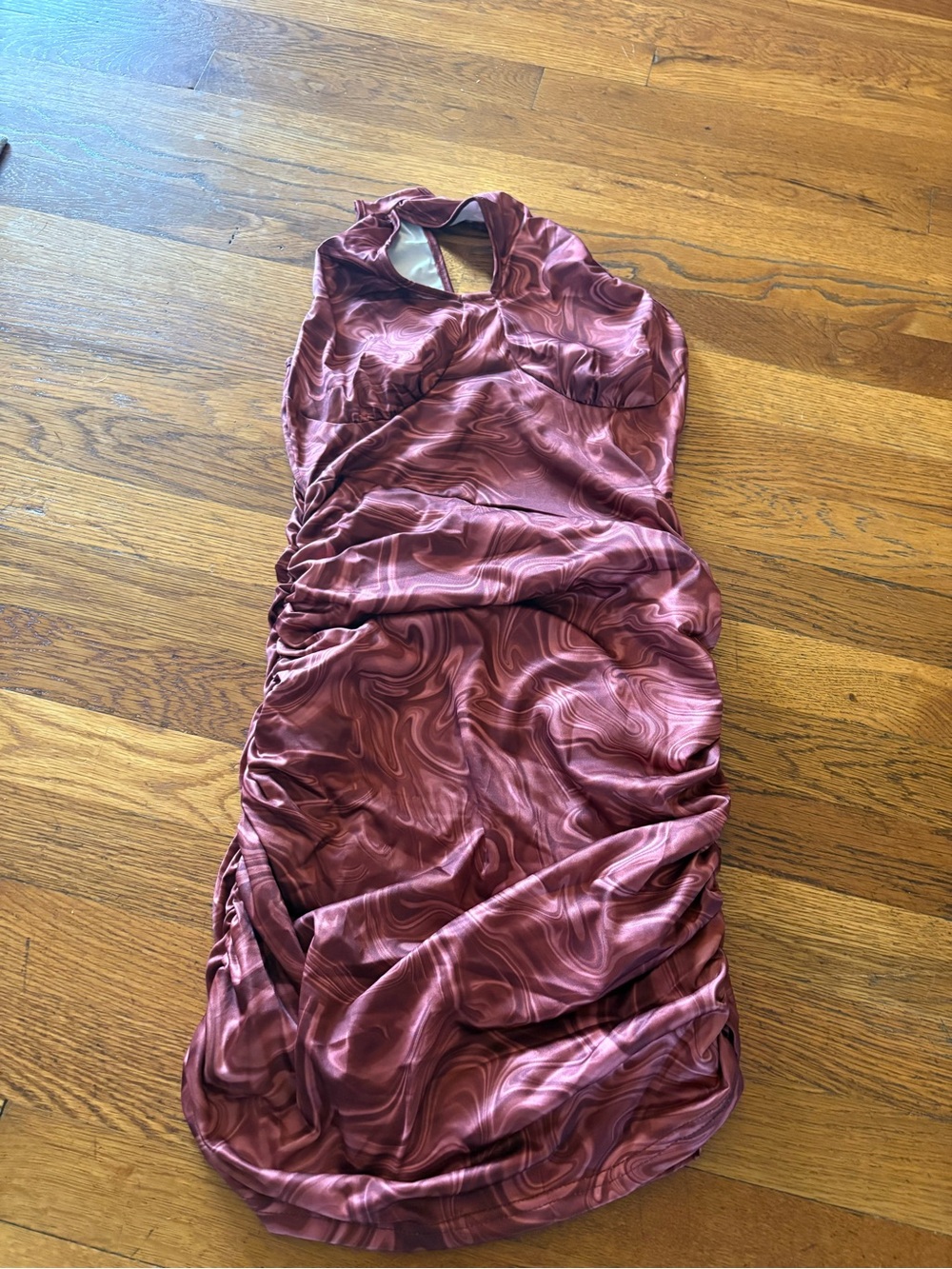 Satin Ruched Halter Dress in Burgundy